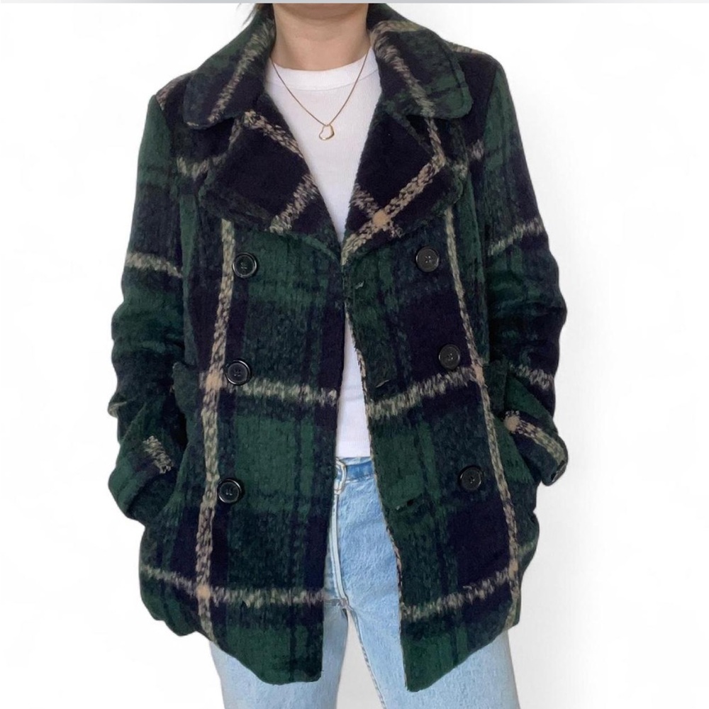 F21 Green Navy Plaid Double Breasted Collared Teddy Pea Coat ✨